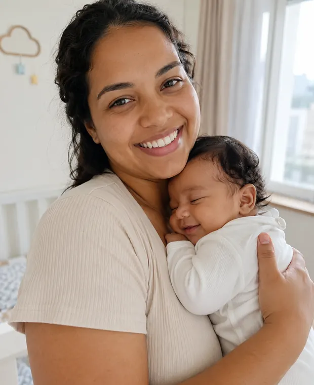 Mãe sorrindo com bebê dormindo no berço