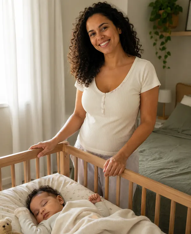 Mãe sorrindo com bebê no colo