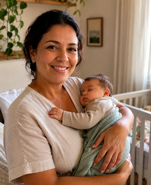 Mãe feliz segurando bebê dormindo